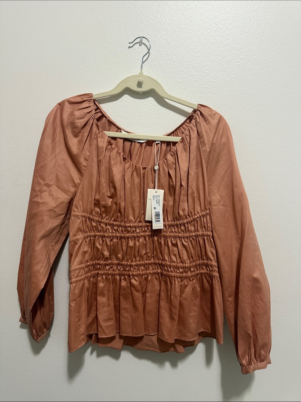 Rebecca Taylor Rust-Pink Smocked Waist Peasant Blouse